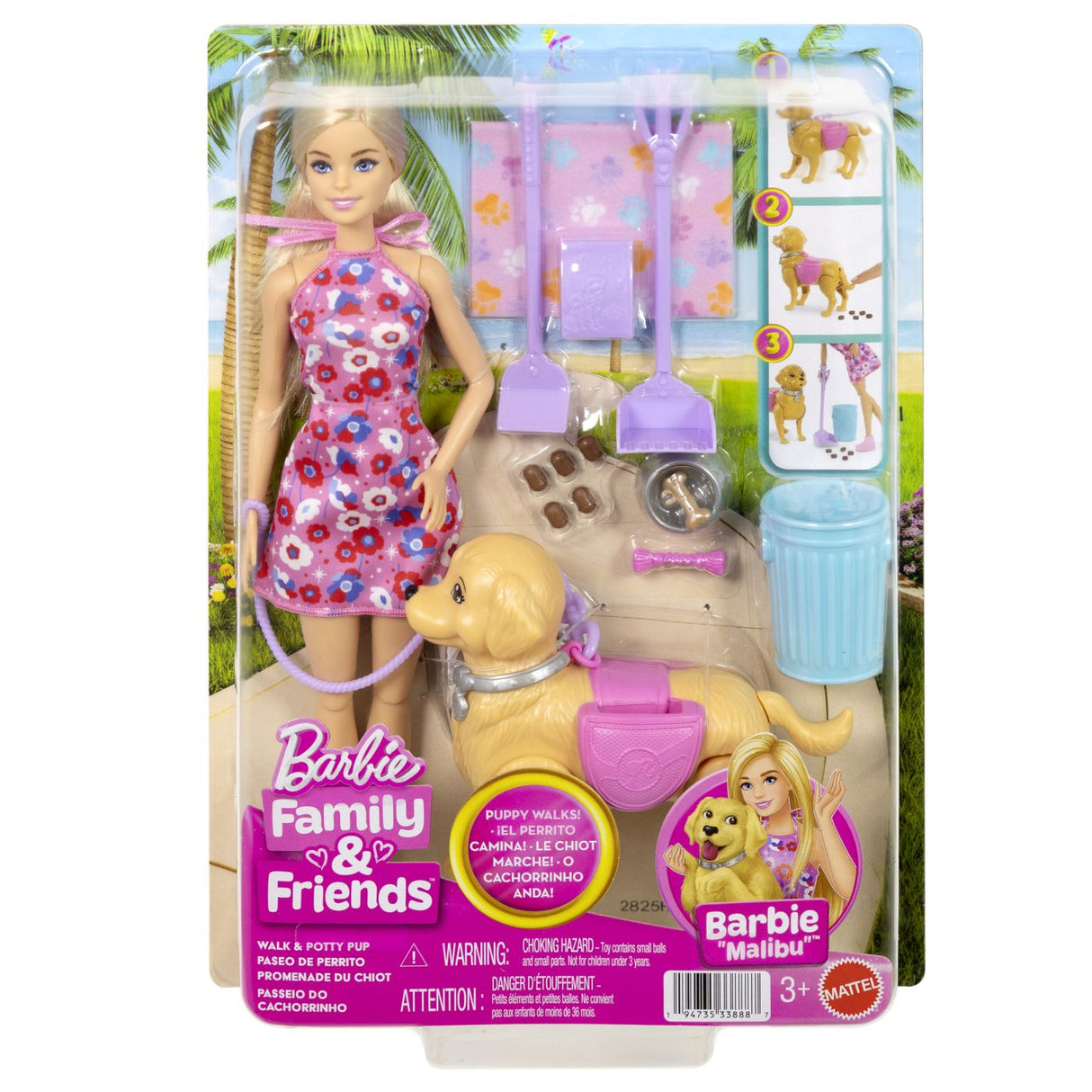 BARBIE FAMILY AND FRIENDS SET PAPUSA BARBIE MALIBU PLIMBARE CU CATELUL