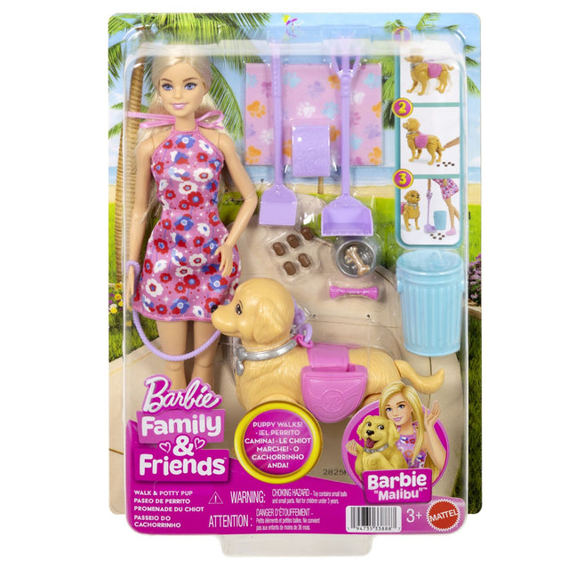 BARBIE FAMILY AND FRIENDS SET PAPUSA BARBIE MALIBU PLIMBARE CU CATELUL
