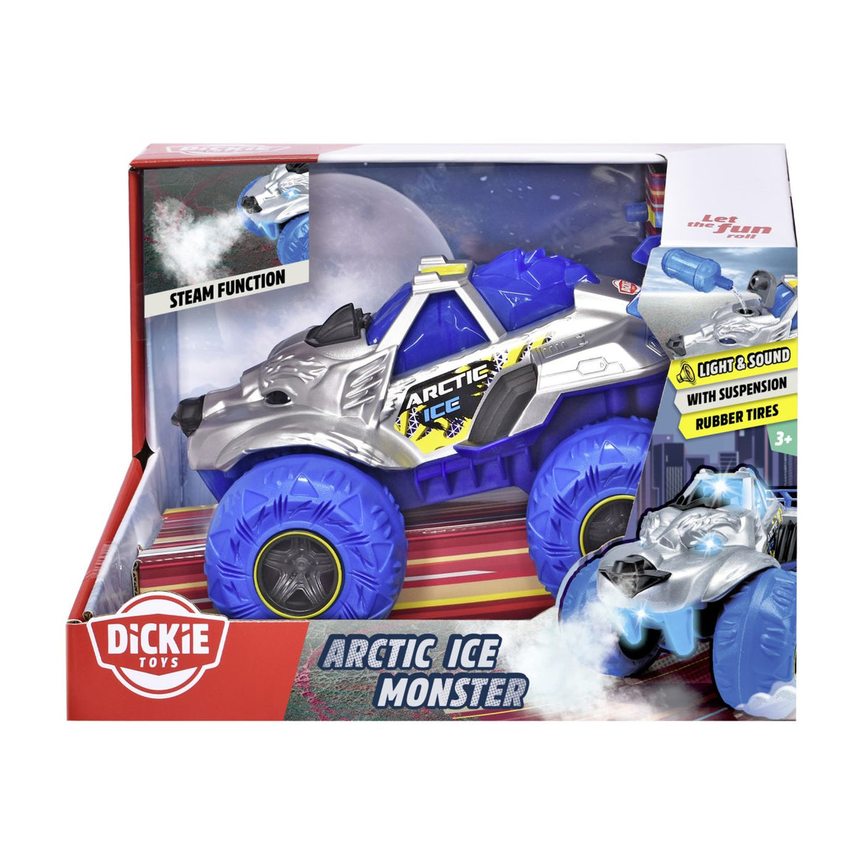 DICKIE MASINA DE TEREN ARCTIC ICE MONSTER CU LUMINI SUNETE SUSPENSII SI FUNCTIE ABUR 25CM