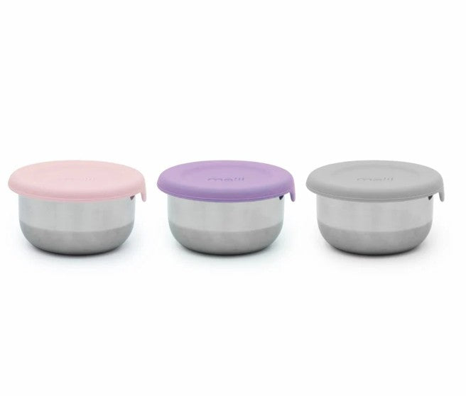 SET 3 RECIPIENTE MINI INOX CU CAPAC SILICON, MELII, ROZ MOV GRI
