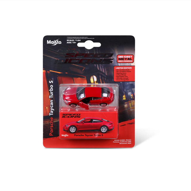 MAISTO MASINUTA METALICA SPEED ICONS PORSCHE TAYCAN TURBO S ROSU SCARA 1 LA 64