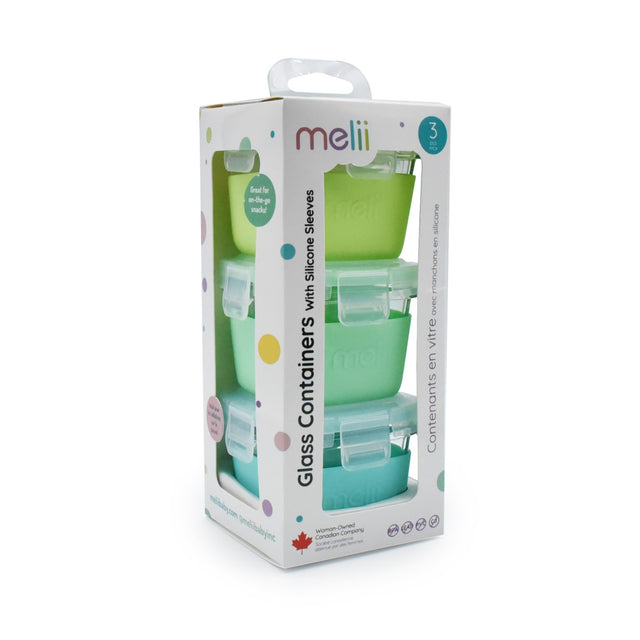 SET 3 RECIPIENTE STICLA 3 160ML CU HUSA ANTIDERAPANTA SILICON MELII BLUE MINT LIME