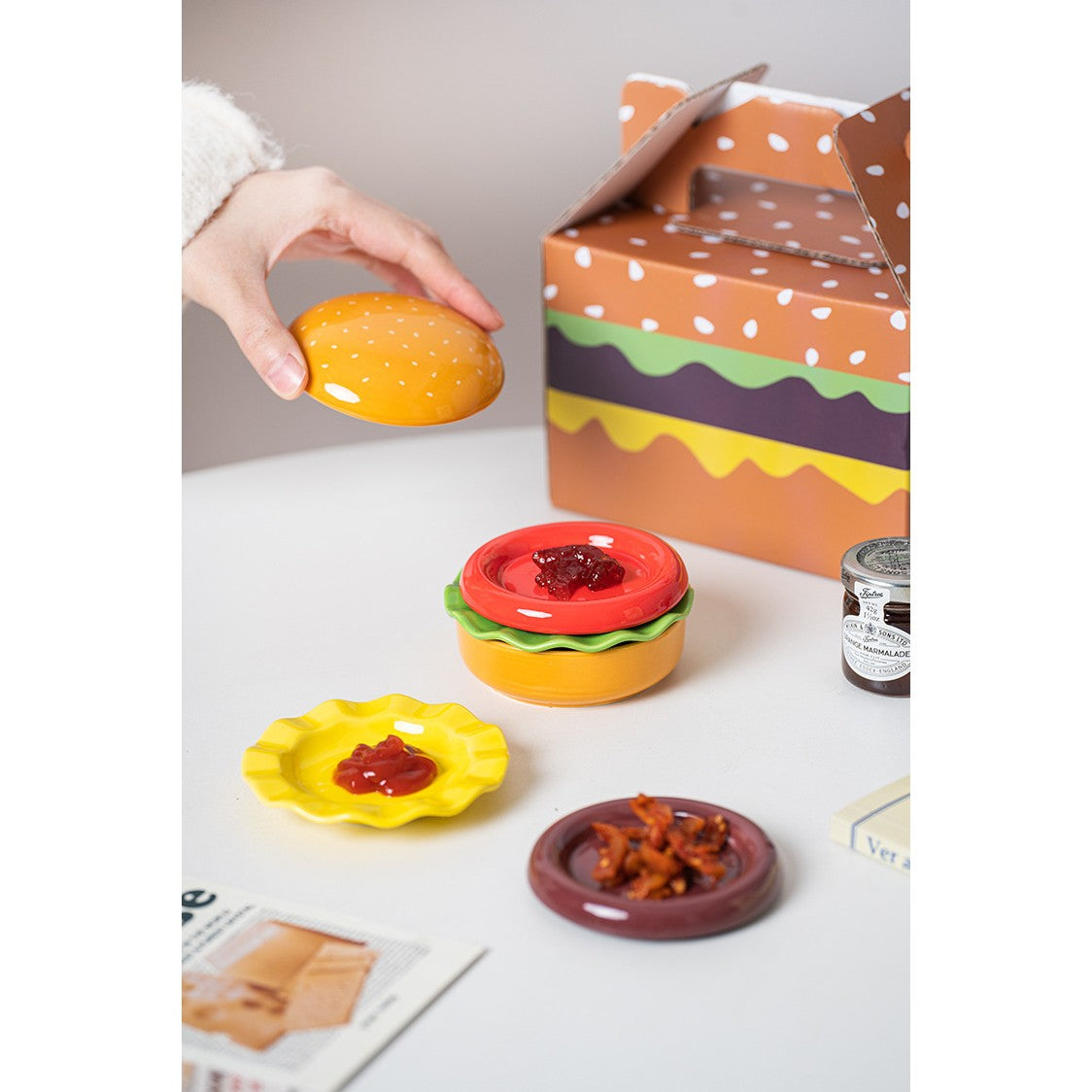 Set Farfurii Ceramice sub Forma de Burger, din Ceramica, pentru Sosuri si Gustari, Mini Farfurii Stivuibile, Multicolor - vivimall.ro