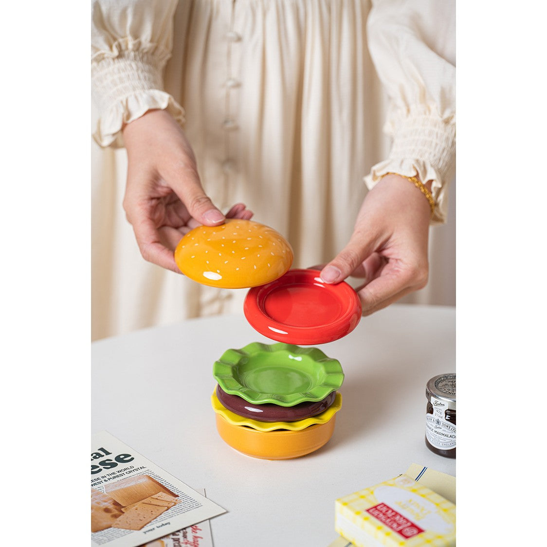 Set Farfurii Ceramice sub Forma de Burger, din Ceramica, pentru Sosuri si Gustari, Mini Farfurii Stivuibile, Multicolor - vivimall.ro
