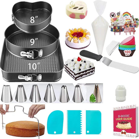 Set de 216 Piese de Copt pentru Prajituri, Vivimall, 3 Tavi de Copt, Nivelator, Forme Cupcake, Pos pentru Ornat cu 7 Capete, Feliator Tort, din Otel Inoxidabil, Multicolor - vivimall.ro