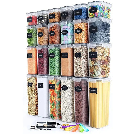 Cutii de depozitare alimente, Vivimall, Set din 24 Cutii pentru Condimente, Cereale, Cutii pentru Bucatarie, din Plastic PP, Cutii Alimentare, Diferite Dimensiuni, Transparente - vivimall.ro