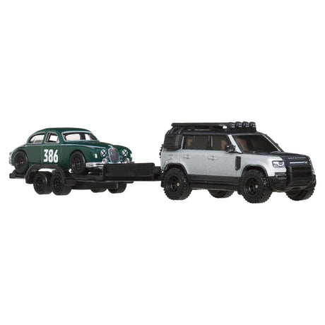 HOT WHEELS TRANSPORTATOR LAND ROVER DEFENDER 110 2023 CU MASINUTA JAGUAR MK1 SCARA 1 LA 64