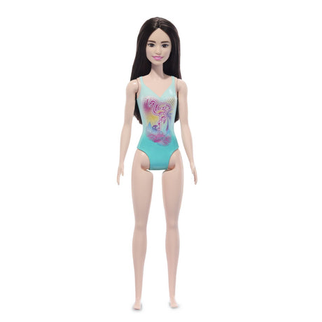 PAPUSA BARBIE BRUNETA CU COSTUM DE BAIE ALBASTRU
