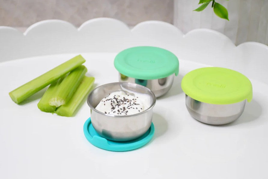 SET 3 RECIPIENTE MINI INOX CU CAPAC SILICON, MELII, BLEU MINT LIME
