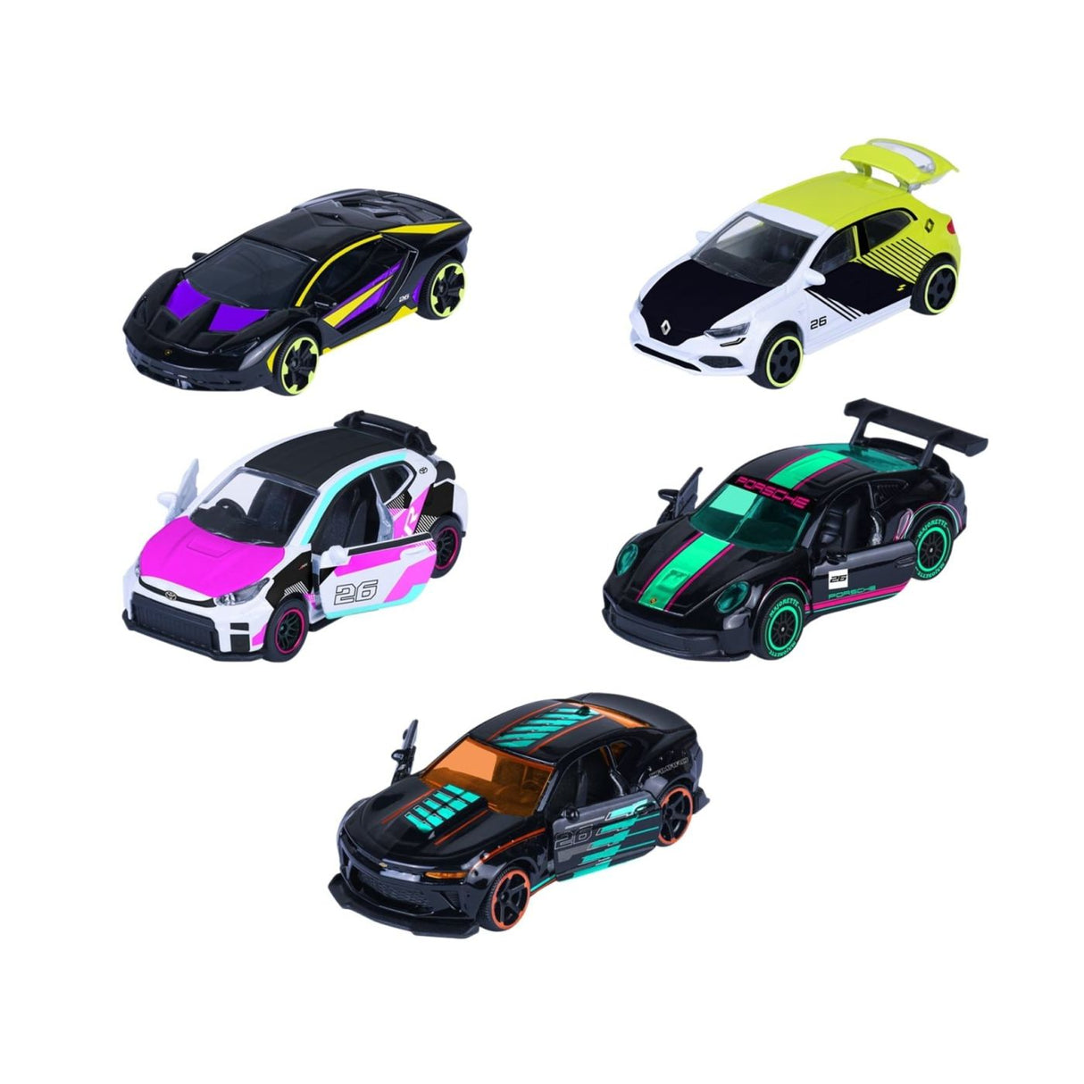 MAJORETTE SET 5 MASINUTE METALICE NEON RACER 7.5CM