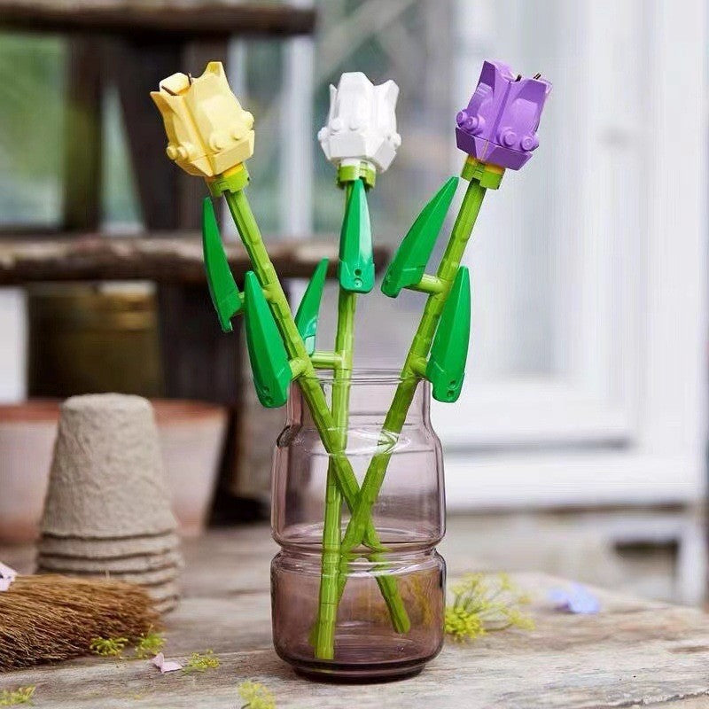 Set de Constructie 3 Lalele, Vivimall, 24cm Lungime, Ornament Floral, 111 Piese, 6 Ani, Mov-Alb-Galben - vivimall.ro