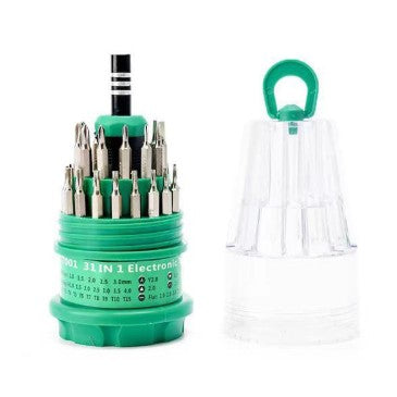 Set șurubelnițe 31-în-1 cu clichet magnetic și mâner izolat verde, 30 biți interschimbabili, vedere frontală completă