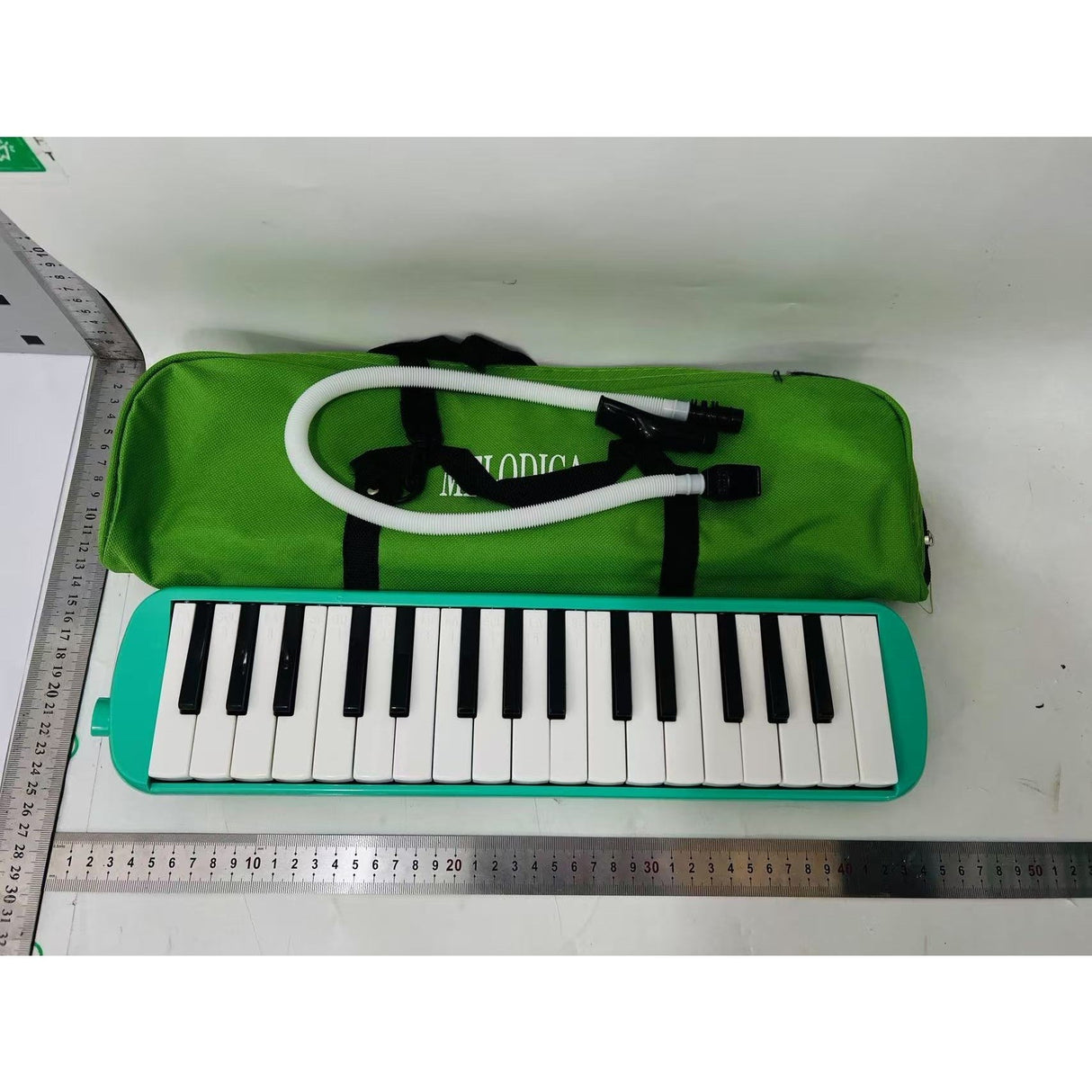 Set complet melodică verde 32 clape cu accesorii: husă transport și suflator, vedere de ansamblu