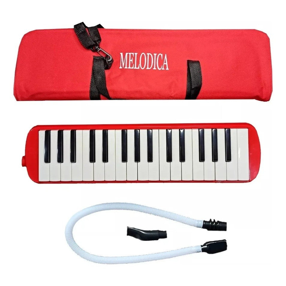 Muzicuță melodică roșie Vivimall cu 32 de clape din ABS, vedere frontală, dimensiuni 45x13x7 cm