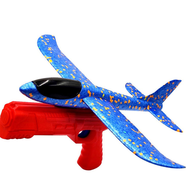 Pistol cu Lansator de Avion, Flippy, din Polistiren+Plastic, +3 Ani, Avion 38 cm, Lansare 10 m, Rosu/Albastru - vivimall.ro
