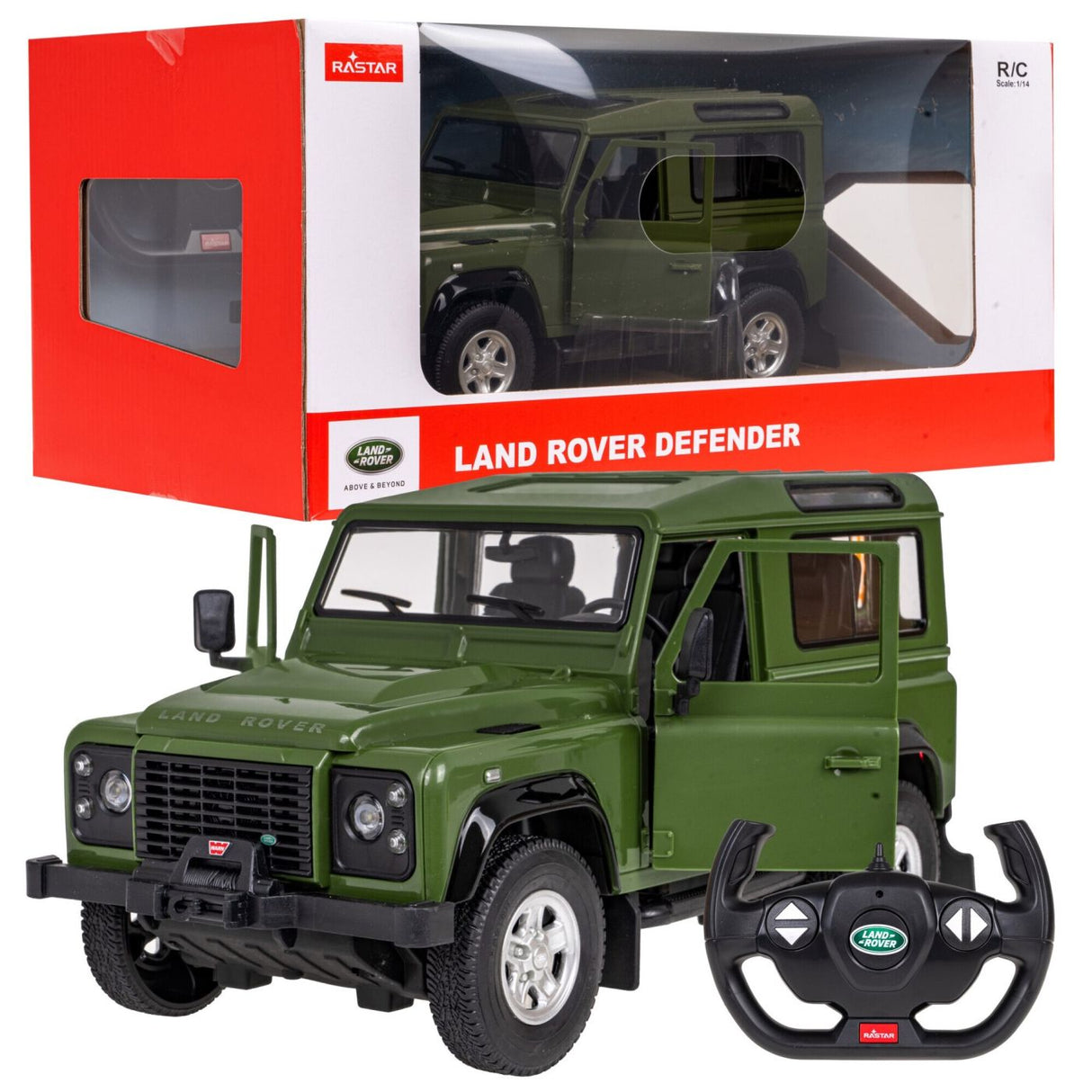 MASINA CU TELECOMANDA LAND ROVER DEFENDER VERDE CU SCARA 1 LA 14
