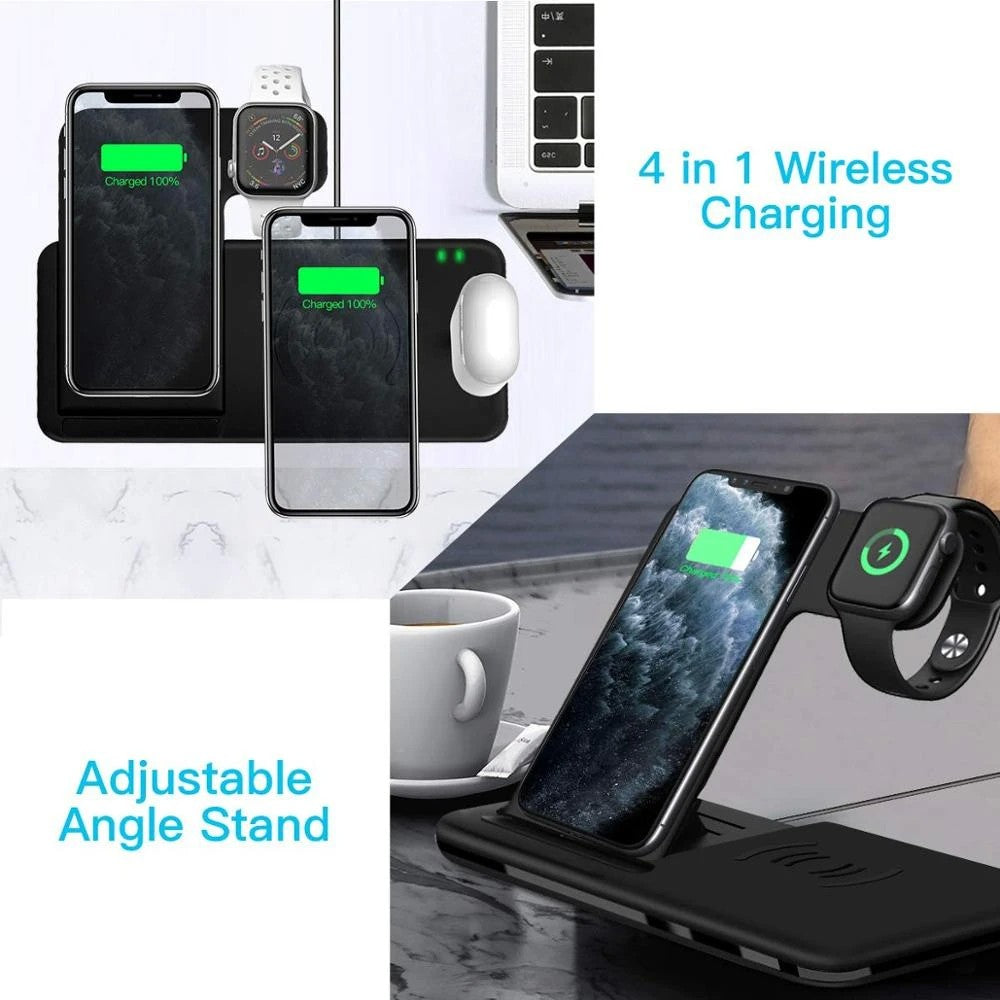 Incarcator Wireless FastCharge Vivimall 4 In 1, design pliabil, 15W, Compatibil Apple Watch, Airpods, iPhone, Android, Samsung, Huawei, Xiaomi, Oppo, Negru - vivimall.ro