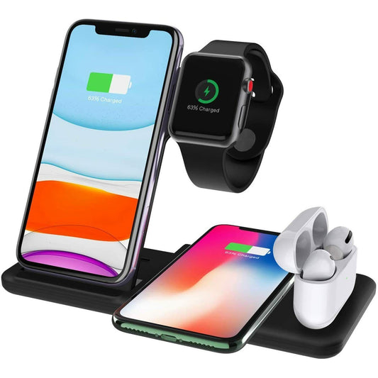 Incarcator Wireless FastCharge Vivimall 4 In 1, design pliabil, 15W, Compatibil Apple Watch, Airpods, iPhone, Android, Samsung, Huawei, Xiaomi, Oppo, Negru - vivimall.ro
