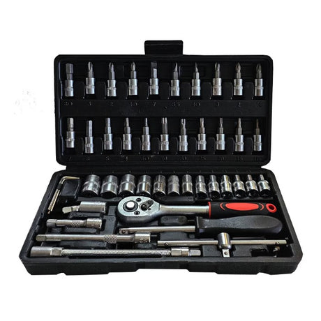 Chei tubulare Set 46 de Piese, Vivimall, Trusa Scule de Reparatii Auto, Prelungitoare Rigid si Flexibil, Articulatie Cardanica, Antrenor de Forta Glisant, Adaptoare, Maner pentru Surubelnita, 23 x 12 x 4 cm, 1.9 kg, Cutie Neagra - vivimall.ro