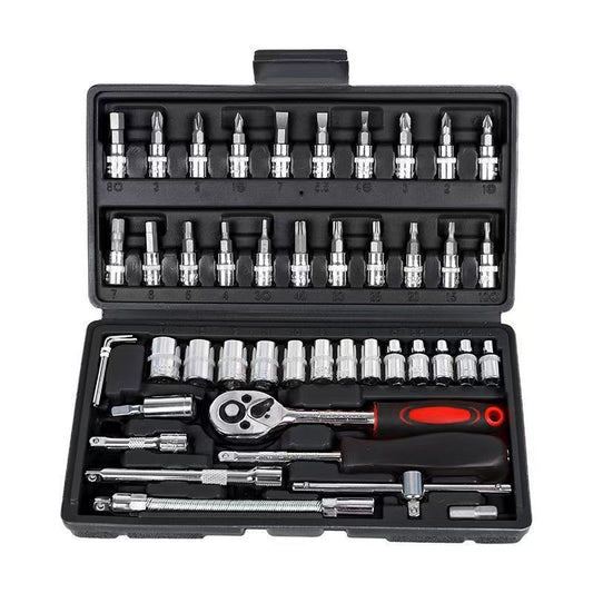 Chei tubulare Set 46 de Piese, Vivimall, Trusa Scule de Reparatii Auto, Prelungitoare Rigid si Flexibil, Articulatie Cardanica, Antrenor de Forta Glisant, Adaptoare, Maner pentru Surubelnita, 23 x 12 x 4 cm, 1.9 kg, Cutie Neagra - vivimall.ro