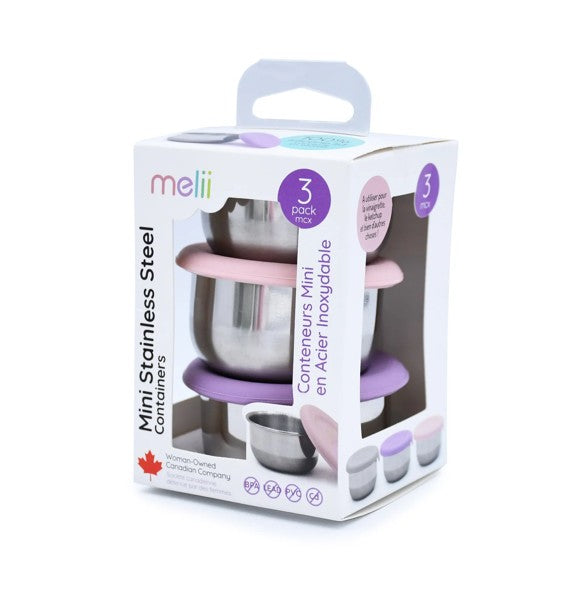 SET 3 RECIPIENTE MINI INOX CU CAPAC SILICON, MELII, ROZ MOV GRI