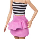 BARBIE PAPUSA BARBIE FASHIONISTA BLONDA CU PARUL PRINS IN COADA SI FUSTA ROZ