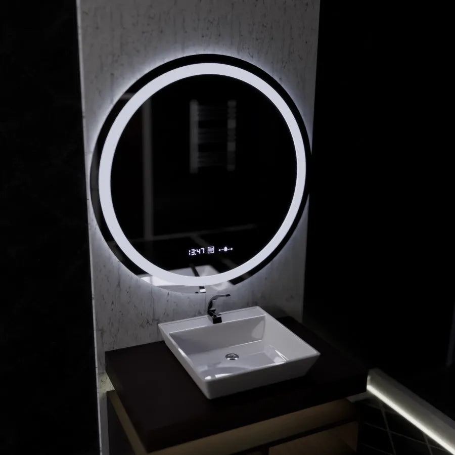 Oglinda Led Rotunda, 100Cm, Celeste Motionglow Marcello, Sistem Dezaburire, Ceas & Termometru - vivimall.ro
