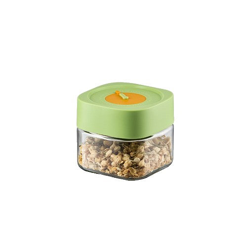 Üveg élelmiszeres befőttesüveg vákuumos tetővel, 500 ml, hermetikus zárás bármilyen termékhez, négyzet alakú kialakítás, A, zöld tetővel