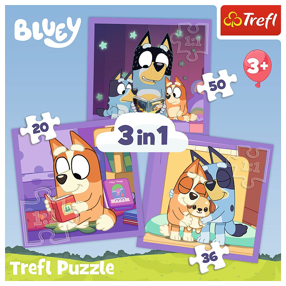 PUZZLE TREFL 3IN1 BLUEY FACETI CUNOSTINTA CU BLUEY