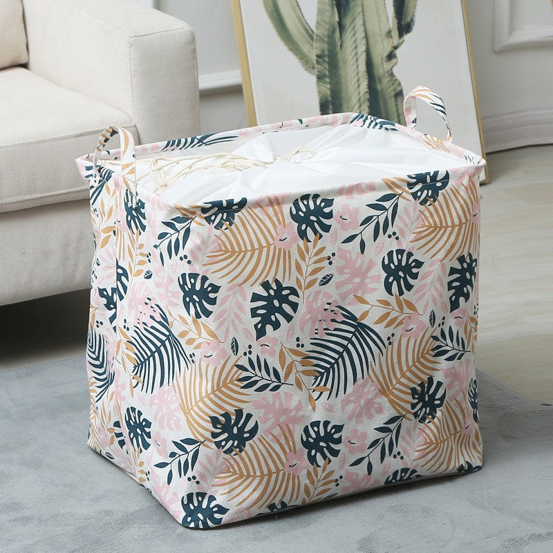 Cos de Depozitare pentru Rufe, Vivimall, Cos Pliabil CLOTHBOX pentru Depozitarea Jucarii, Haine, Cos de Haine Murdare cu Snur, 80 x 50 x 50 cm, Model Frunze, Alb Multicolor