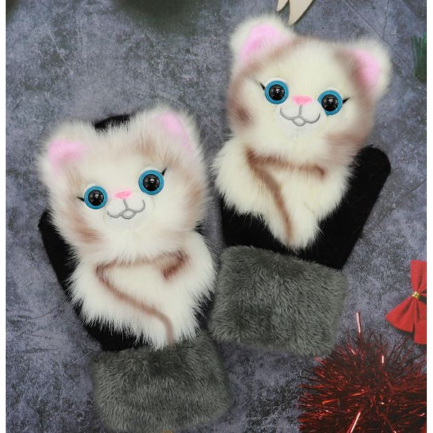 Manusi de Plus pentru Copii, Vivimall, de Iarna, Groase, Moi, Calduroase, Model Animat Pisica Crem - vivimall.ro