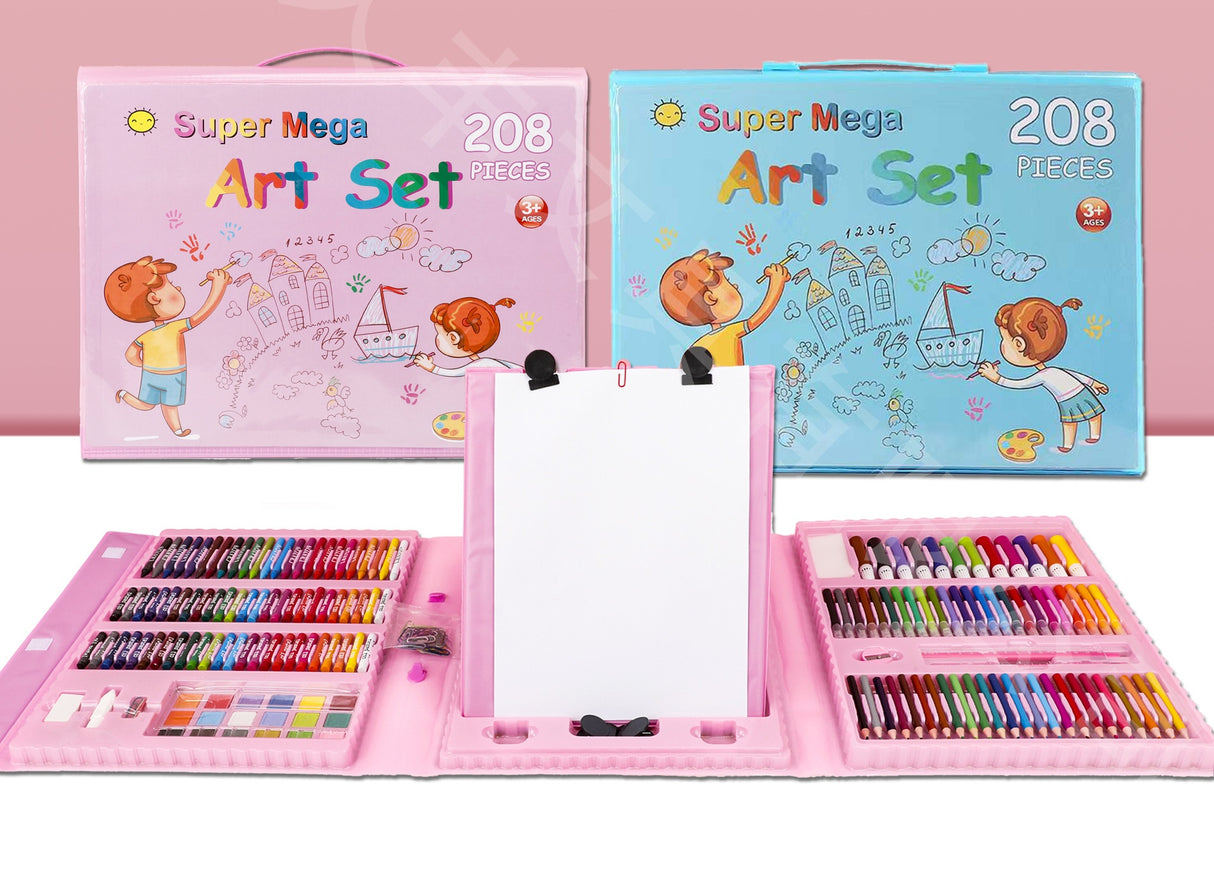 Set pictură și desen 208 piese pentru copii, servietă roz, vedere frontală închisă, 32.6 x 27.7 cm