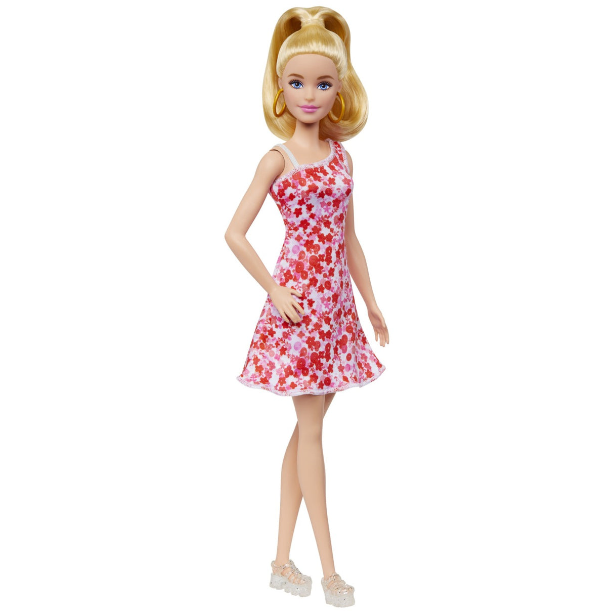 BARBIE PAPUSA BARBIE FASHIONISTA BLONDA CU PARUL PRINS IN COADA SI ROCHIE CU FLORICELE