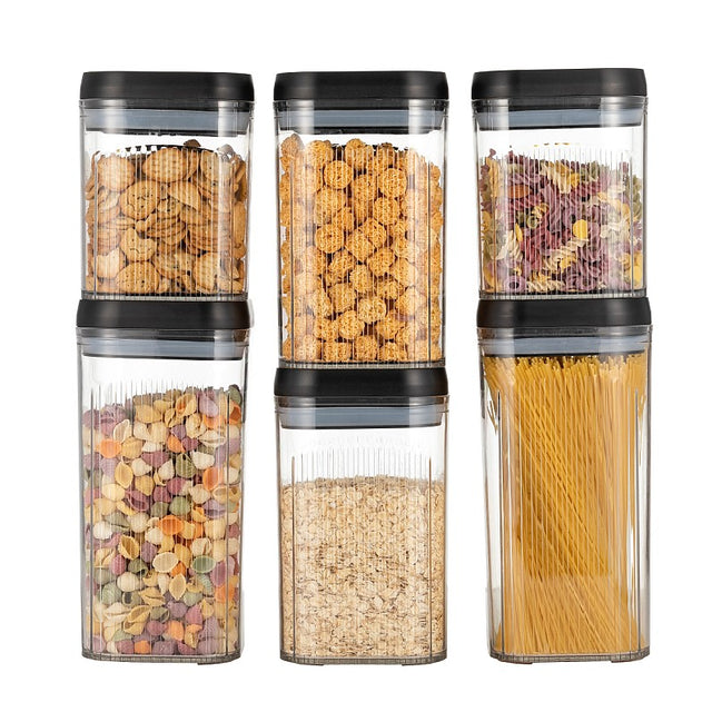 Cutii de Depozitare Alimente, Vivimall, Set din 6 Cutii de tip Container, Recipiente pentru Cereale in Bucatarie,  Transparente cu Capac Negru - vivimall.ro