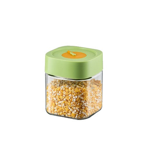 Üveg élelmiszeres befőttesüveg vákuumos tetővel, 750 ml, hermetikus zárás bármilyen termékhez, négyzet alakú kialakítás, A, zöld tetővel