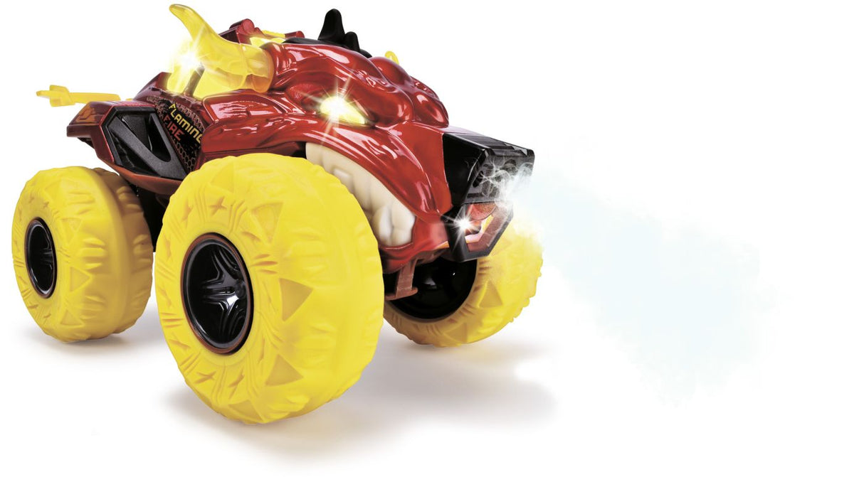 DICKIE MASINA DE TEREN FLAMING FIRE MONSTER CU LUMINI SUNETE SUSPENSII SI FUNCTIE ABUR 25CM