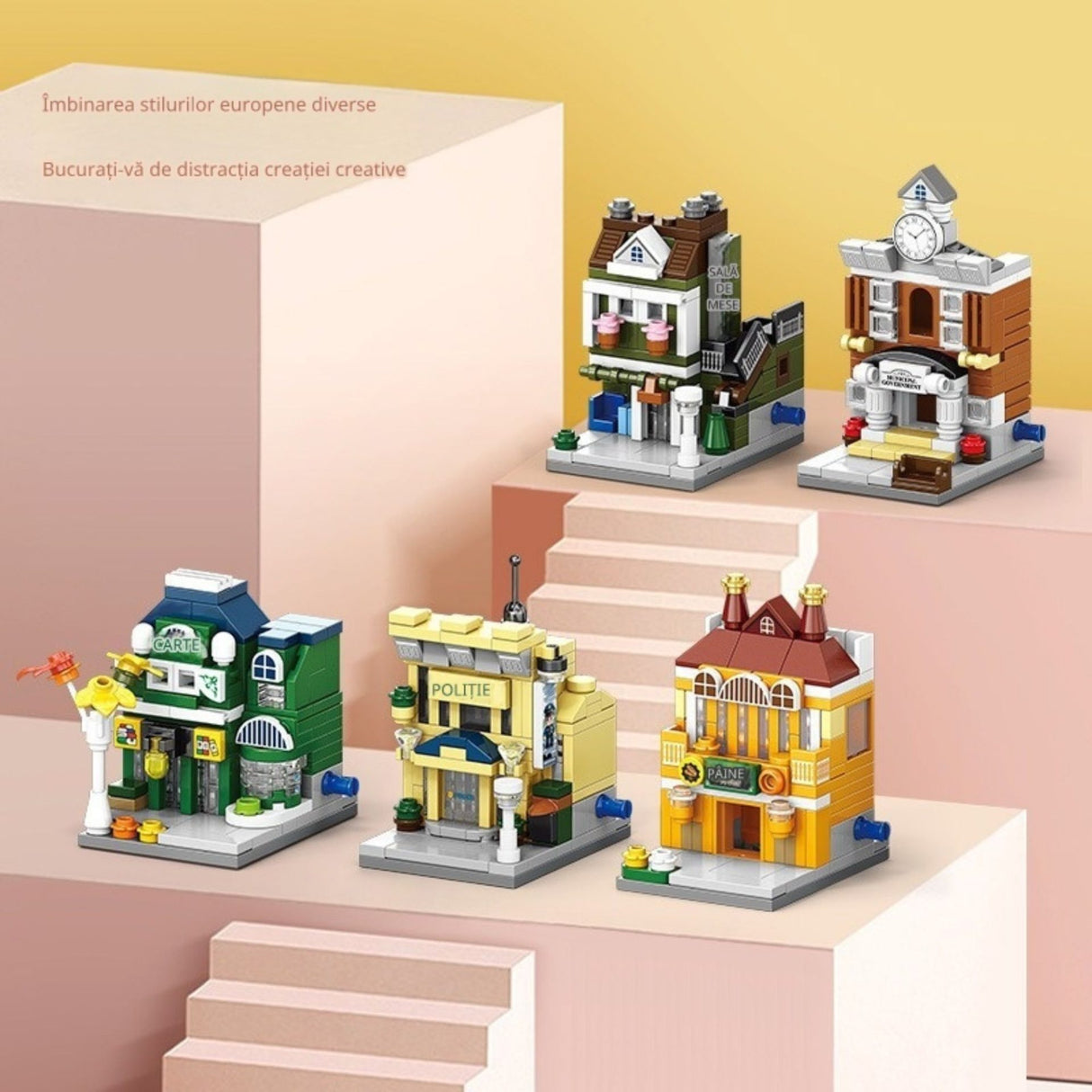 Set de Constructie, Flippy, Jucarie Educativa STEM,  103 Piese, Model 3D,  +6 Ani, Colectia Strada Comerciala Europeana, 6.4 x 5.6 x 7 cm, Verde/Gri