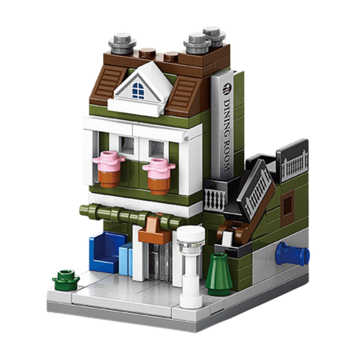 Set de construcție Flippy STEM, 113 piese, model 3D Stradă Comercială Europeană, vedere frontală, culori verde și maro