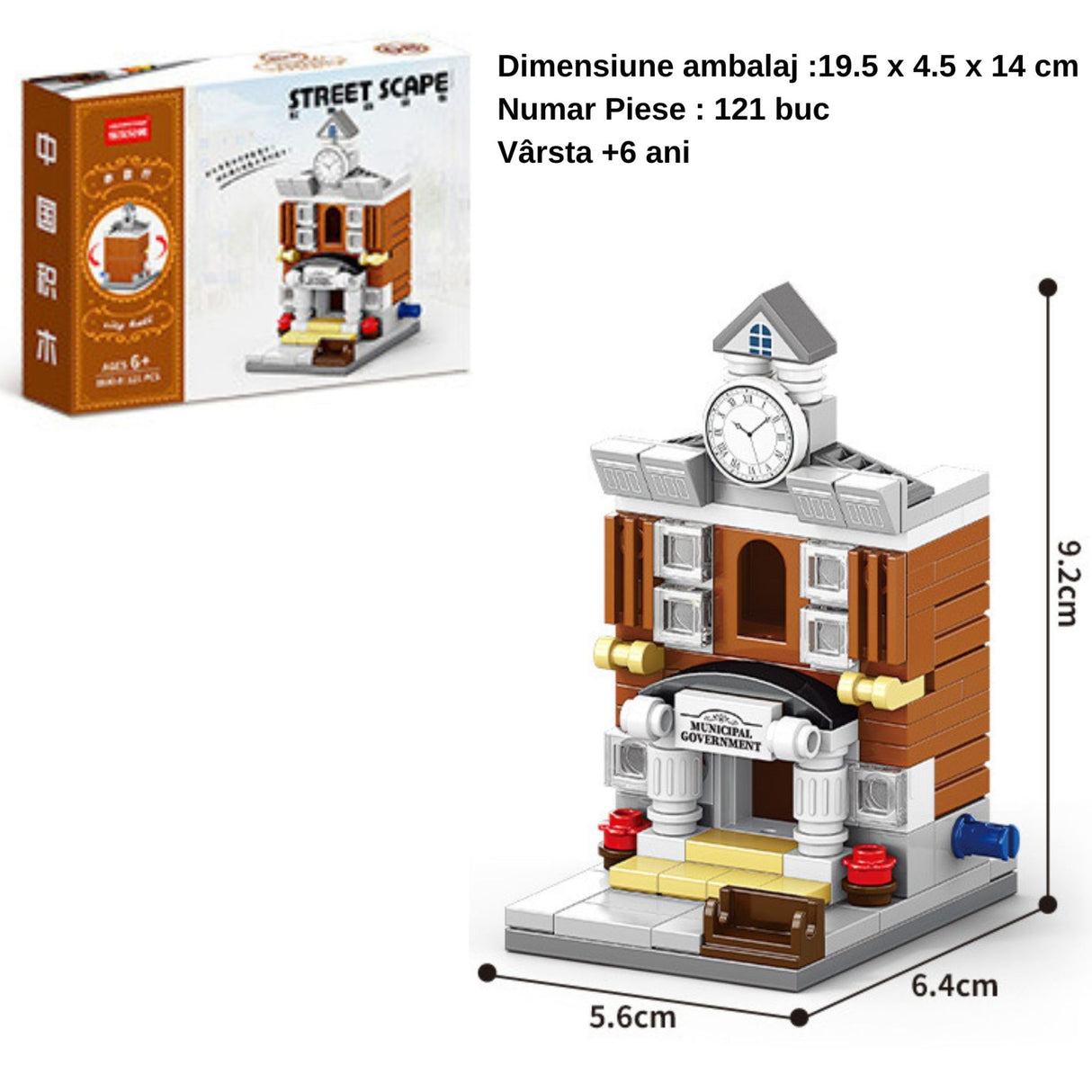 Set de Constructie, Flippy, Jucarie Educativa STEM, 121 Piese, Model 3D, +6 Ani, Colectia Strada Comerciala Europeana, 6.4 x 5.6 x 9.2 cm, Maro/Gri