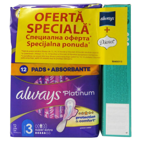 Absorbante Always Platinum Super Extra 12 bucăți și Discreet Zilnice Deo Waterlily 20 bucăți, vedere frontală pachet