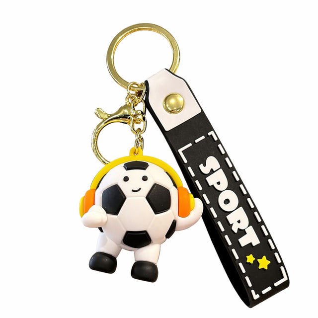 Breloc Chei, Flippy, Model Minge de Fotbal cu Casti, Cupa Mondiala, Accesoriu Pentru Chei si Rucsac, Material Acril, 50 g, Negru - vivimall.ro