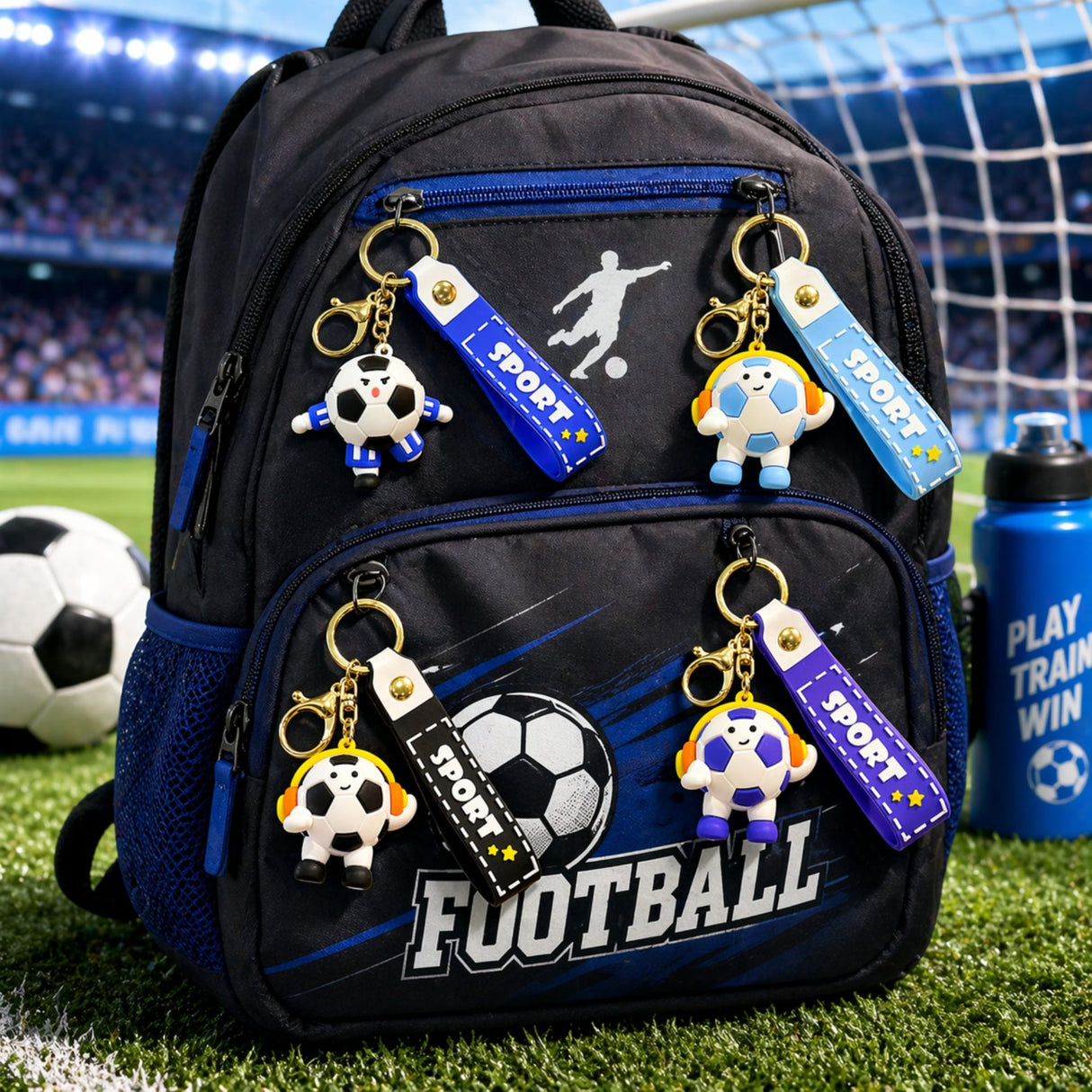 Breloc Chei, Flippy, Model Minge de Fotbal cu Casti, Cupa Mondiala, Accesoriu Pentru Chei si Rucsac, Material Acril, 50 g, Albastru - vivimall.ro