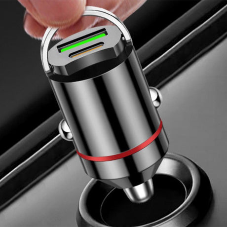 Adaptor Auto 2 in 1, Vivimall, din Aliaj, Port TYPE-C, PORT USB, 100 W, Inel Metalic de Tragere, practic Invizibil, Incarcare Mega Rapida, Negru - vivimall.ro