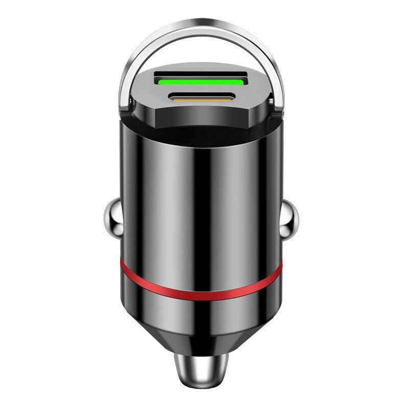 Adaptor auto USB 2 în 1 din aliaj de aluminiu, porturi Type-C și USB-A, 100W, culoare neagră, vedere frontală