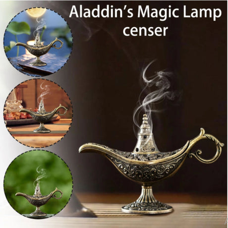 Arzator Tamaie, Flipppy, Model Lampa Aladin, Aliaj, Dimensiune Mica, cu Maner si Capac, Lampa Decorativa Vintage, 3.2 x 9 x 6 cm, Bronz - vivimall.ro