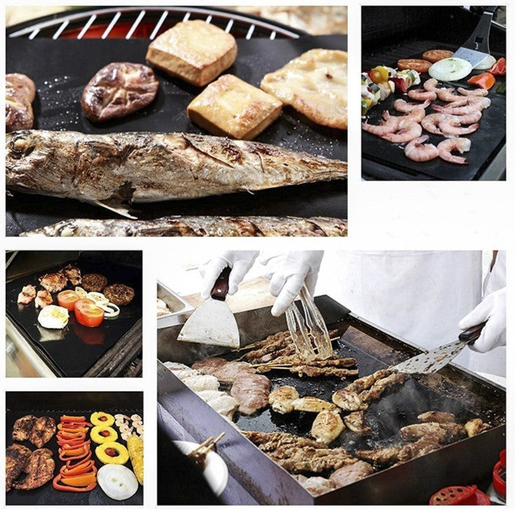 Set 4 Folii Antiaderente din Teflon, Vivimall, Multifunctionale, Rezistente la Apa si Temperaturi Ridicate, pentru Gratar, Cuptor, BBQ Grill, 40x33 cm, Negru - vivimall.ro