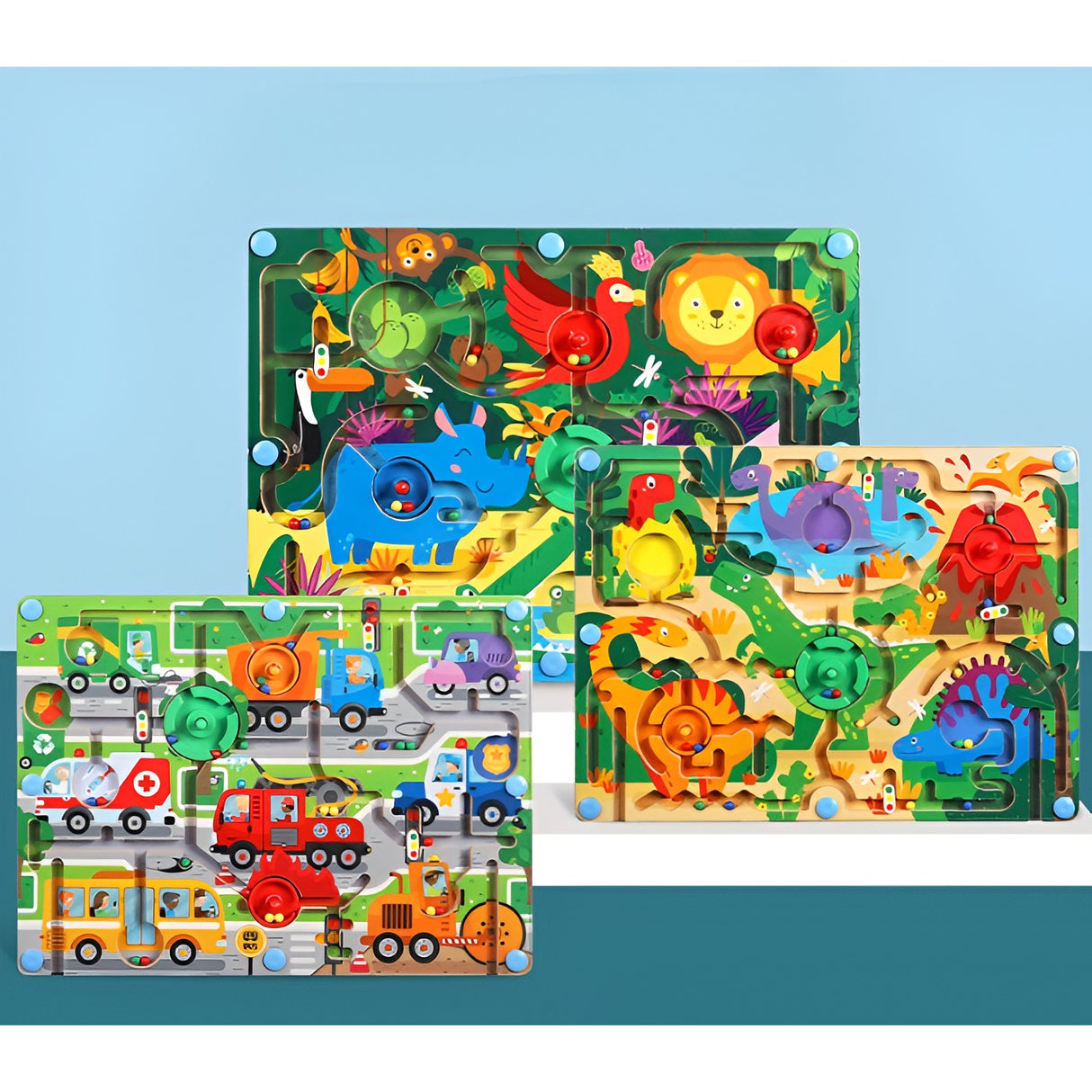 Joc Montessori de Sortare Culori, Vivimall, Creion Magnetic, Tip Labirint Ilustrat, din Lemn, Model Animale Salbatice, 39x29x1.5 cm - vivimall.ro