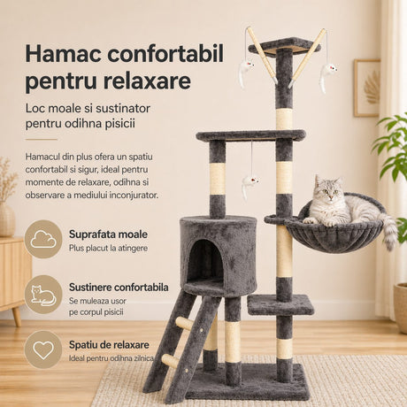 Platforme și scară de cățărare ansamblu Flippy pentru pisici, detaliu structură din lemn natural