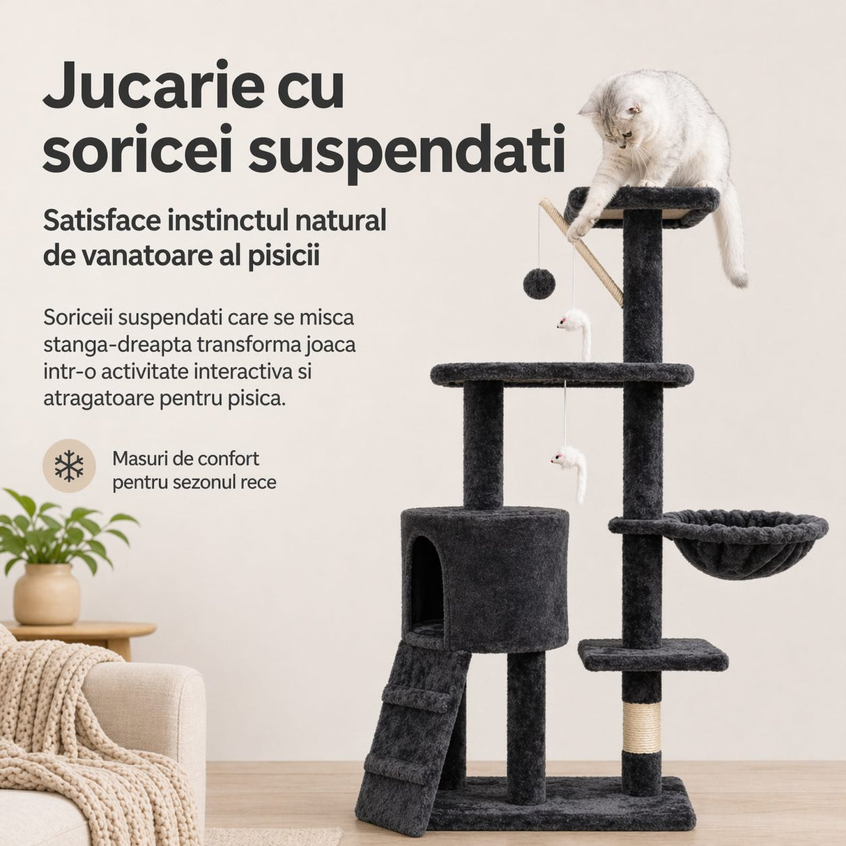 Ansamblu de Joaca pentru Pisici, Flippy, Cat Climbing Frame Multifunctional, cu Platforme, Cusca, Hamac si Scara de Catarare, 49x35x135 cm, Negru - vivimall.ro