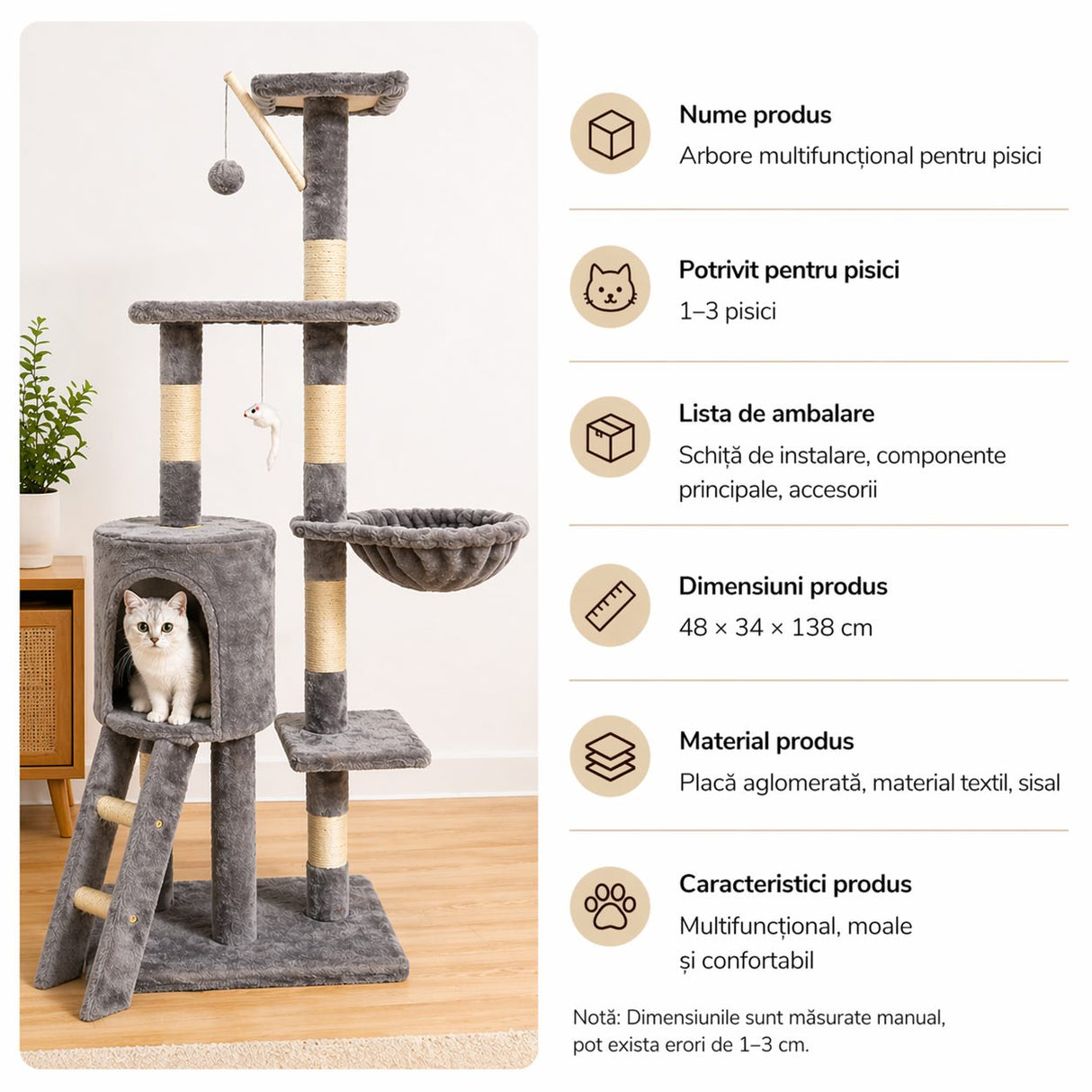 Ansamblu de Joaca pentru Pisici, Flippy, Cat Climbing Frame Multifunctional, cu Platforme, Cusca, Hamac si Scara de Catarare, 49x35x135 cm, Gri - vivimall.ro